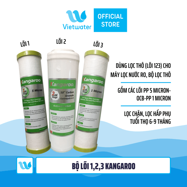 Bộ 3 lõi số 123 máy lọc nước Kangaroo (lõi PP 5 micron-OCB-PP 1 micron) - dùng cho tất cả máy lọc nước RO (Kangaroo Karofi Geyser Mutosi Daikiosan Sunhouse)