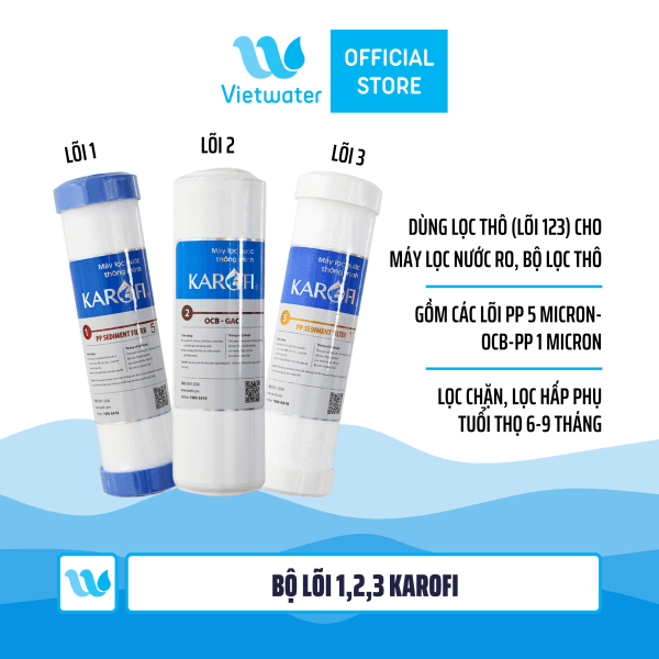 Bộ 3 lõi số 123 máy lọc nước Karofi (lõi PP 5 micron-OCB-PP 1 micron) - dùng cho tất cả máy lọc nước RO (Kangaroo Karofi Geyser Mutosi Daikiosan Sunhouse)