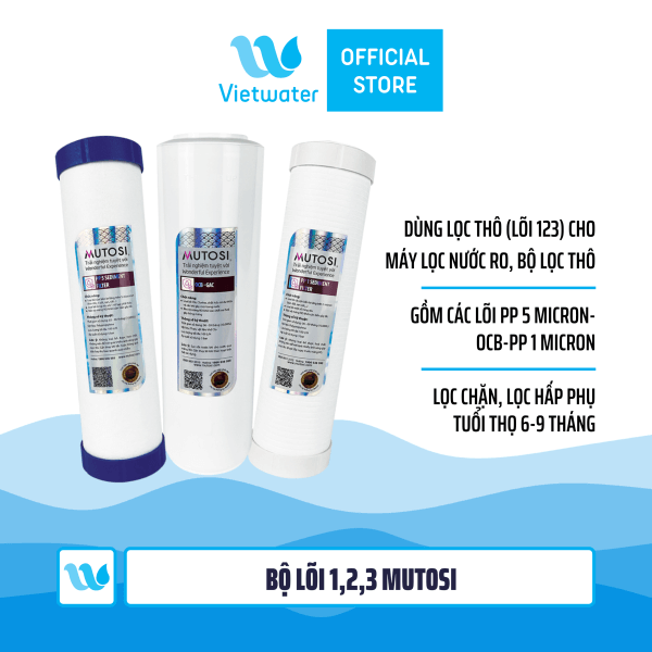 Bộ 3 lõi số 123 máy lọc nước Mutosi (lõi PP 5 micron-OCB-PP 1 micron) - dùng cho tất cả máy lọc nước RO (Kangaroo Karofi Geyser Mutosi Daikiosan Sunhouse)