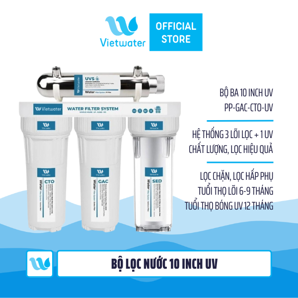 Bộ ba lọc thô 10 inch uv Vietwater SW104UVS – bộ lọc nước sinh hoạt, bộ lọc nước thô đầu nguồn 4 cấp lọc 10 inch uv Vietwater