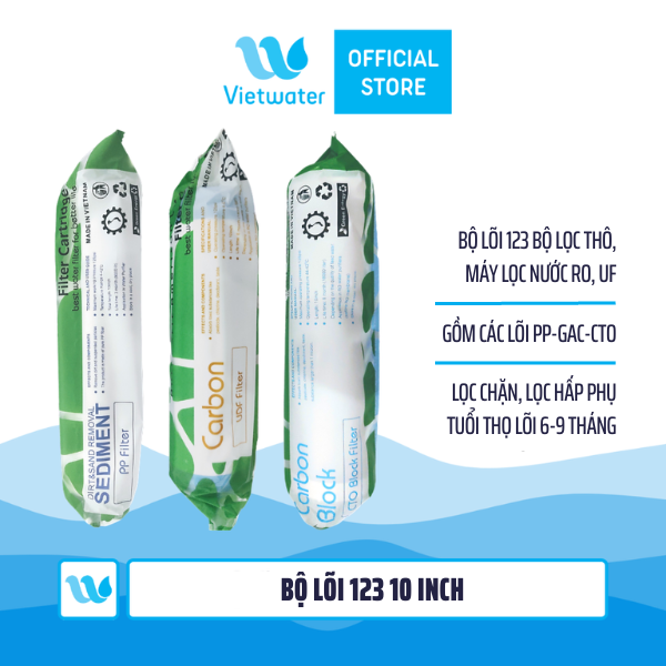 Bộ lõi số 123 10 inch (lõi PP 5 micron-UDF-CTO) - dùng cho tất cả máy lọc nước RO (Kangaroo Karofi Geyser Mutosi Daikiosan Sunhouse)