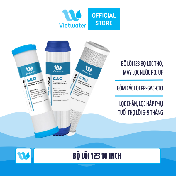 Bộ lõi thô 123 10 inch Vietwater – bộ lõi 123 10 inch (PP bịt đầu-UDF-CTO) dùng cho máy lọc nước UF/RO, bộ lọc thô