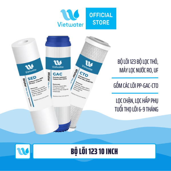 Bộ lõi thô 123 10 inch Vietwater – bộ lõi 123 10 inch (PP-UDF-CTO) dùng cho máy lọc nước UF/RO, bộ lọc thô