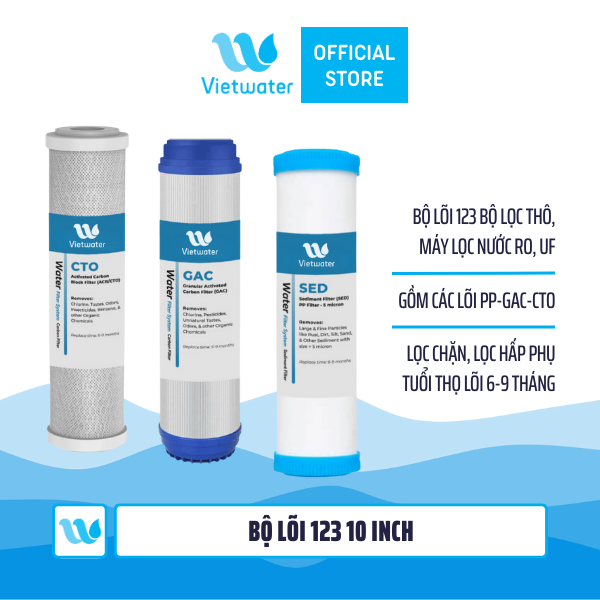 Bộ lõi thô 123 10 inch Vietwater – bộ lõi 123 10 inch (PP bịt đầu-UDF-CTO) dùng cho máy lọc nước UF/RO, bộ lọc thô