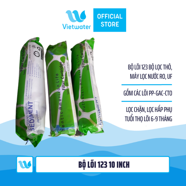 Bộ lõi số 123 10 inch (lõi PP 5 micron-UDF-CTO) - dùng cho tất cả máy lọc nước RO (Kangaroo Karofi Geyser Mutosi Daikiosan Sunhouse)