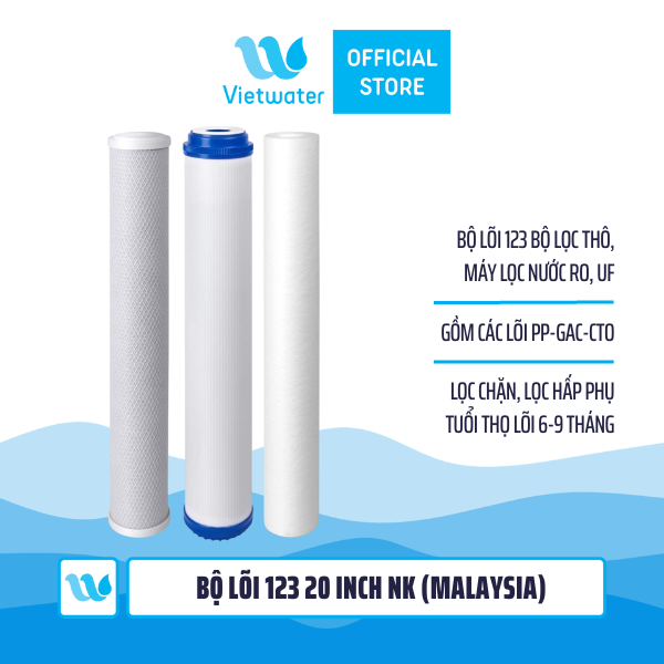 Bộ lõi thô 123 20 inch Vietwater NK (PP-UDF-CTO) - lõi UDF Resin 20 inch Vietwater NK (made in Malaysia) dùng cho máy lọc nước UF/RO, bộ lọc thô