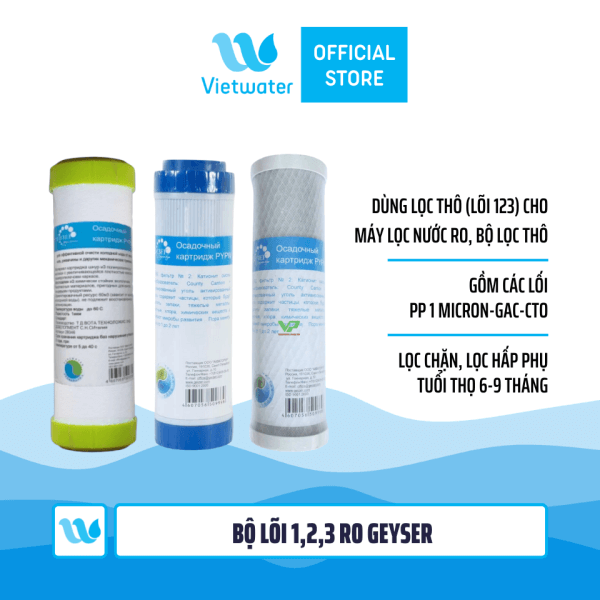 Bộ 3 lõi số 123 máy lọc nước RO Geyser (lõi PP 1 micron-GAC-CTO) - dùng cho tất cả máy lọc nước RO (Kangaroo Karofi Geyser Mutosi Daikiosan Sunhouse)