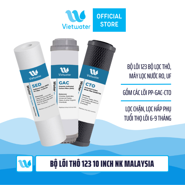 Bộ lõi thô 123 10 inch Vietwater NK (made in Malaysia) (PP-UDF-CTO) - lõi UDF Resin 10 inch Vietwater NK (made in Malaysia) dùng cho máy lọc nước UF/RO, bộ lọc thô