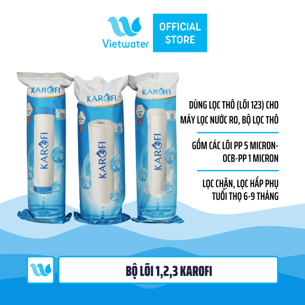 Bộ 3 lõi số 123 máy lọc nước Karofi (lõi PP 5 micron-OCB-PP 1 micron) - dùng cho tất cả máy lọc nước RO (Kangaroo Karofi Geyser Mutosi Daikiosan Sunhouse)