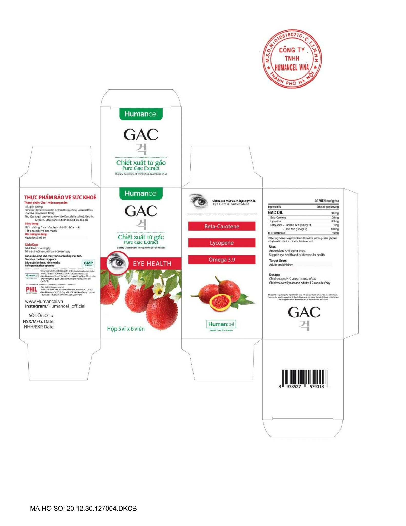 Viên uống bổ mắt HUMANCEL GAC tăng cường thị lực, cải thiện khô, nhức, mỏi mắt, làm chậm quá trình lão hóa, tăng sức đề kháng (hộp 30 viên) | Humancel GAC Gac 오일 , 블리스터포장 30캡슐