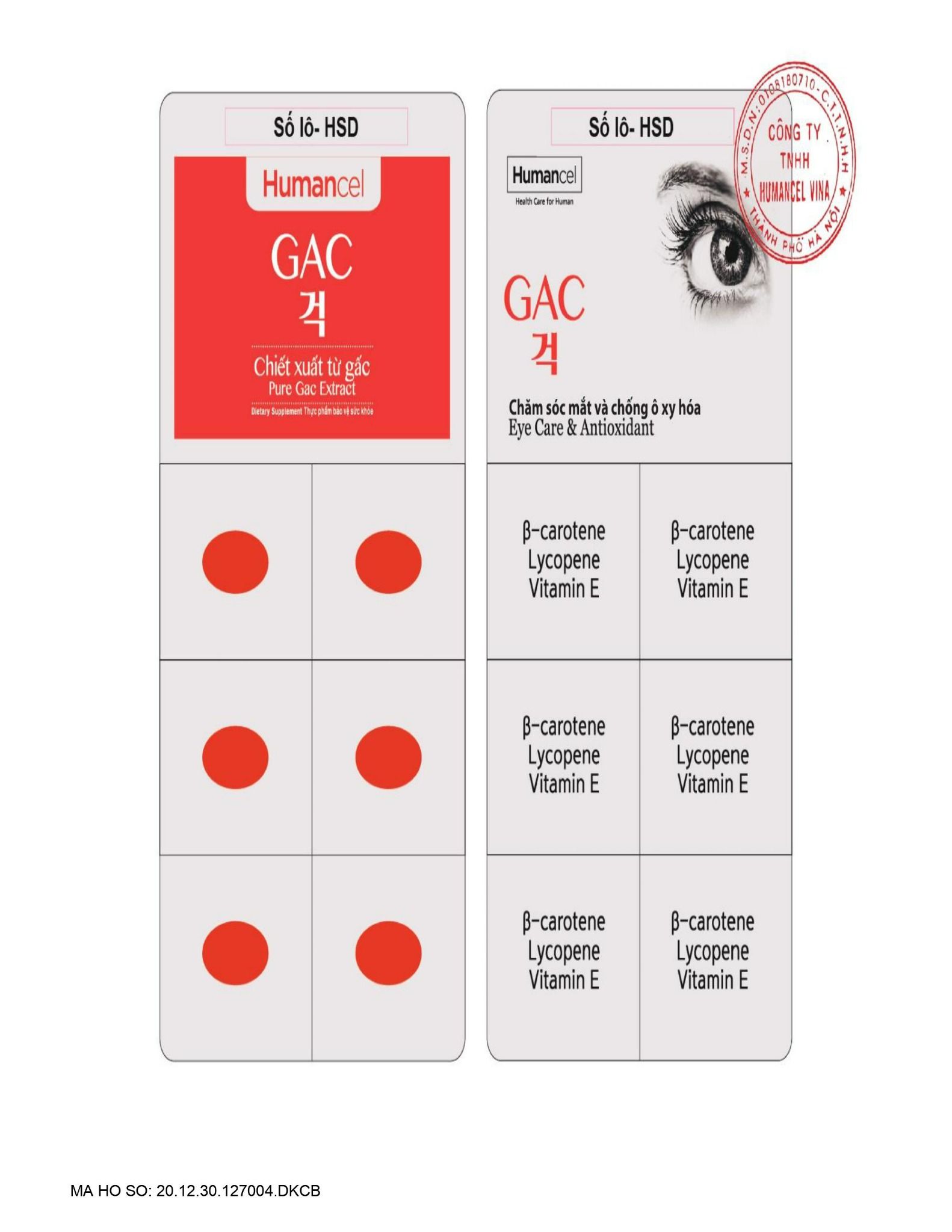 Viên uống bổ mắt HUMANCEL GAC tăng cường thị lực, cải thiện khô, nhức, mỏi mắt, làm chậm quá trình lão hóa, tăng sức đề kháng (hộp 30 viên) | Humancel GAC Gac 오일 , 블리스터포장 30캡슐