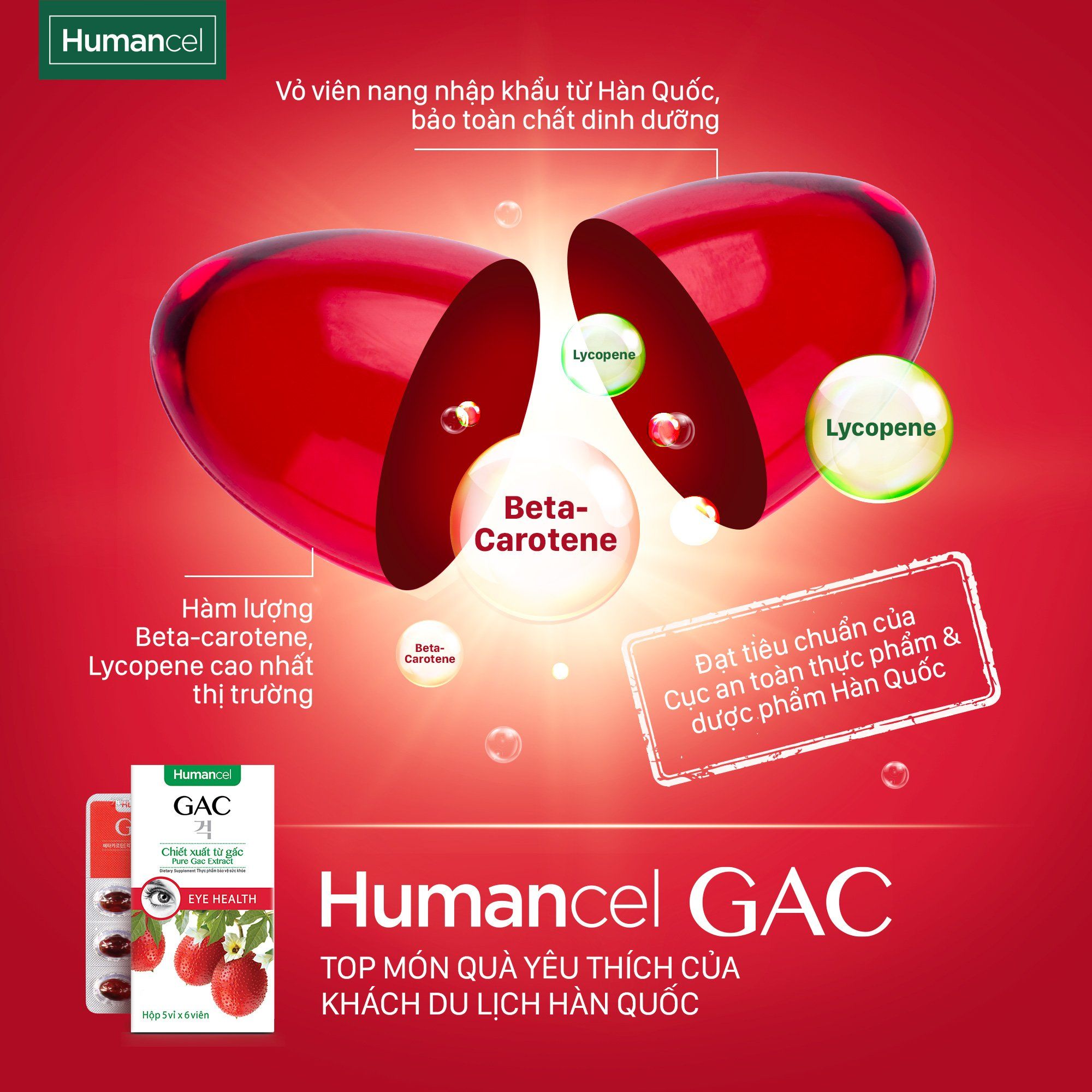Viên uống bổ mắt HUMANCEL GAC tăng cường thị lực, cải thiện khô, nhức, mỏi mắt, làm chậm quá trình lão hóa, tăng sức đề kháng (hộp 30 viên) | Humancel GAC Gac 오일 , 블리스터포장 30캡슐