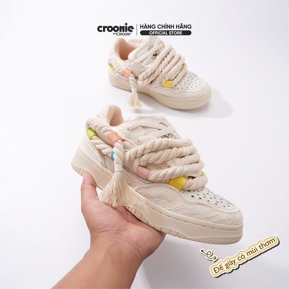  CROON - Giày Thể Thao Sneaker Nữ, Đế Giày Có Mùi Thơm, Tăng Chiều Cao 3.5cm - CROONIE CREAMY Màu Trắng 