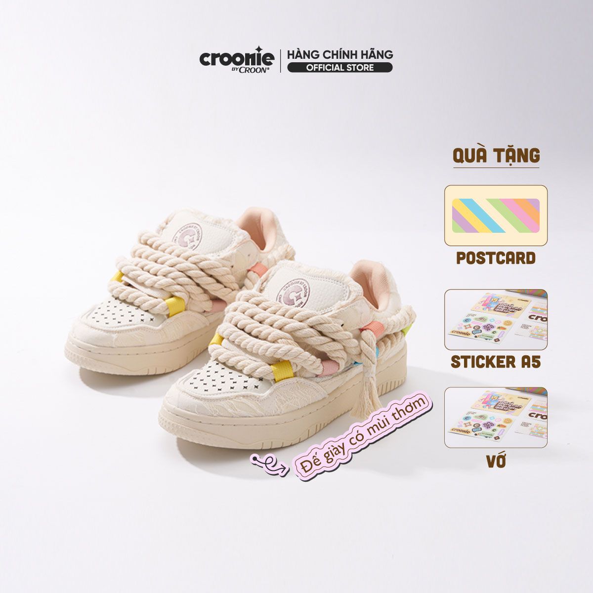  CROON - Giày Thể Thao Sneaker Nữ, Đế Giày Có Mùi Thơm, Tăng Chiều Cao 3.5cm - CROONIE CREAMY Màu Trắng 