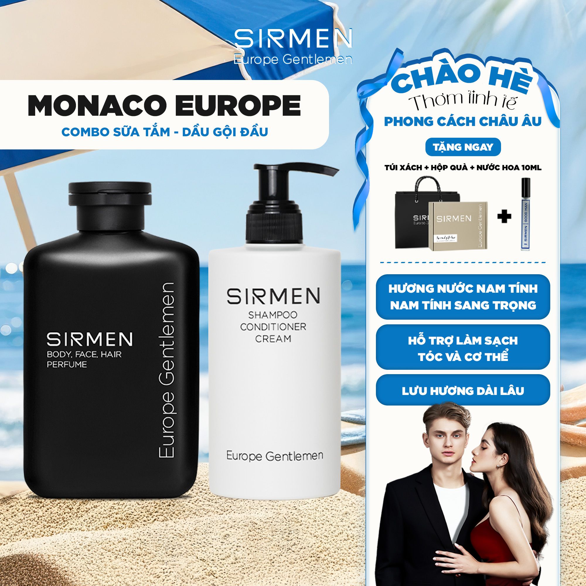 Bộ quà tặng cho nam MONACO EUROPE gồm Sữa tắm gội nam 350g và Dầu gội nam 320g nguyên liệu tự nhiên SIRMEN Europe Gentlemen cao cấp