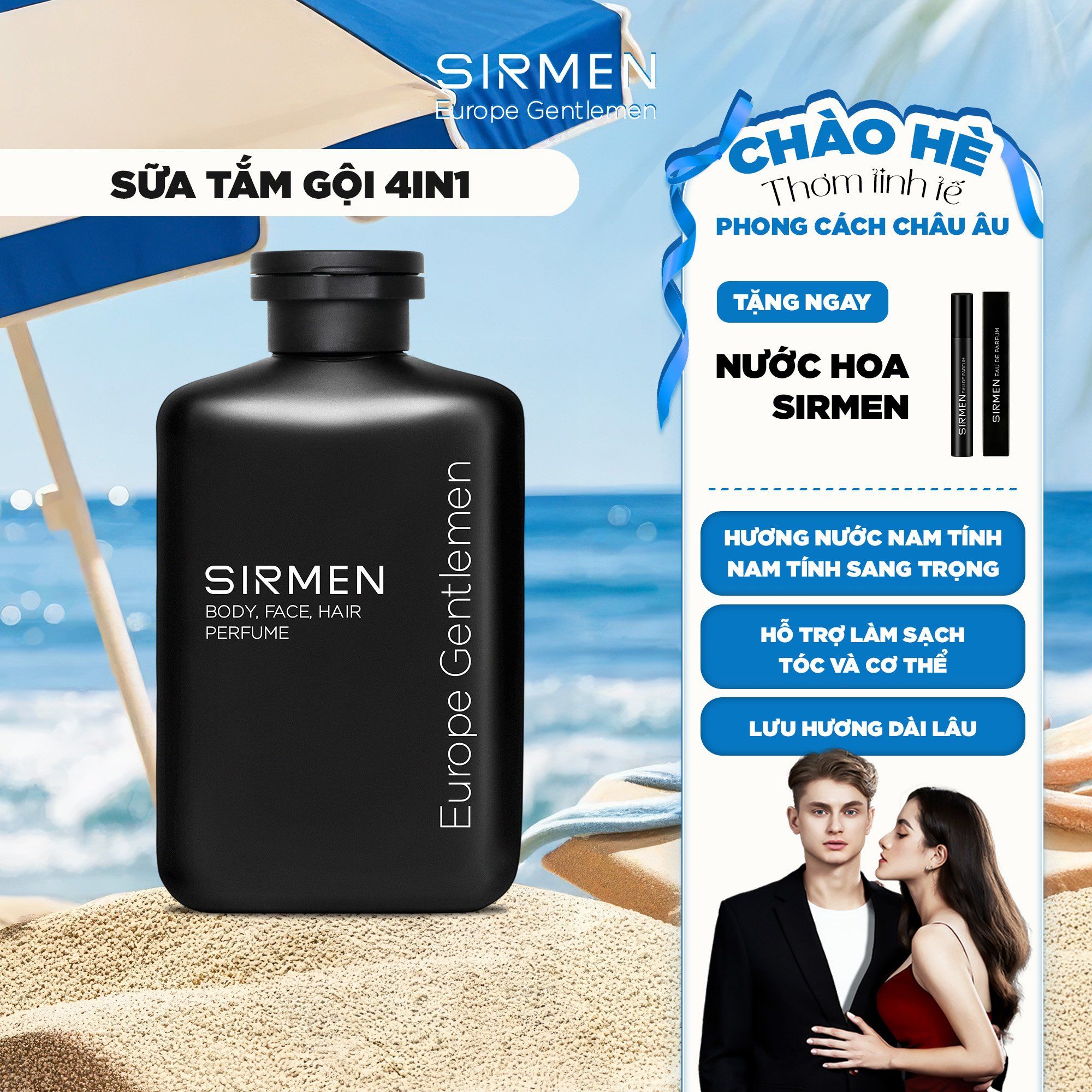 Sữa tắm gội nam 4 in 1 hương nước hoa châu Âu SIRMEN Europe Gentlemen cao cấp 350g công nghệ tiên tiến đậm đặc gấp 2 lần