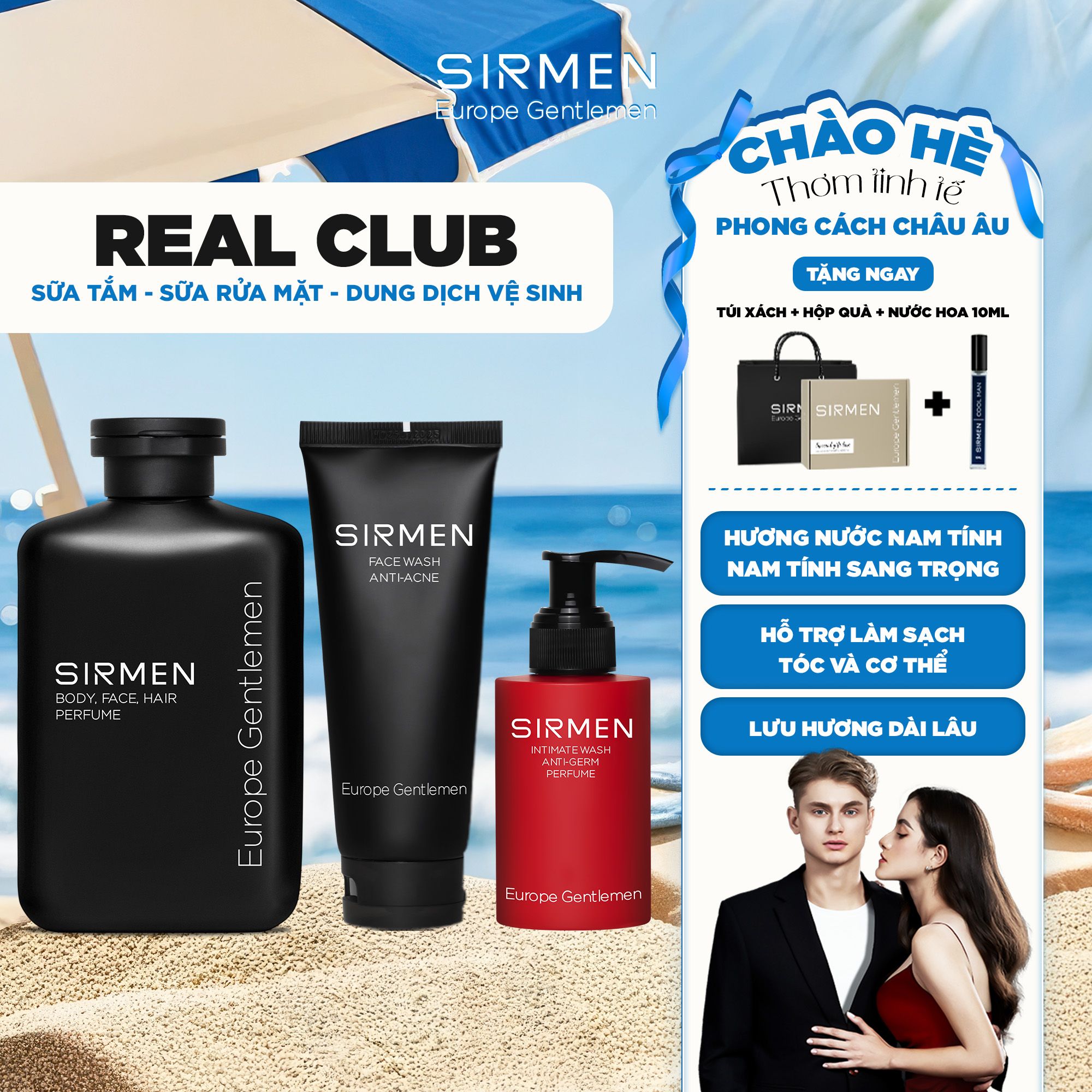 Bộ quà tặng cho nam REAL CLUB gồm Sữa Tắm - Dung dịch vệ sinh - Sữa rửa mặt hương nước hoa SIRMEN Europe Gentlemen