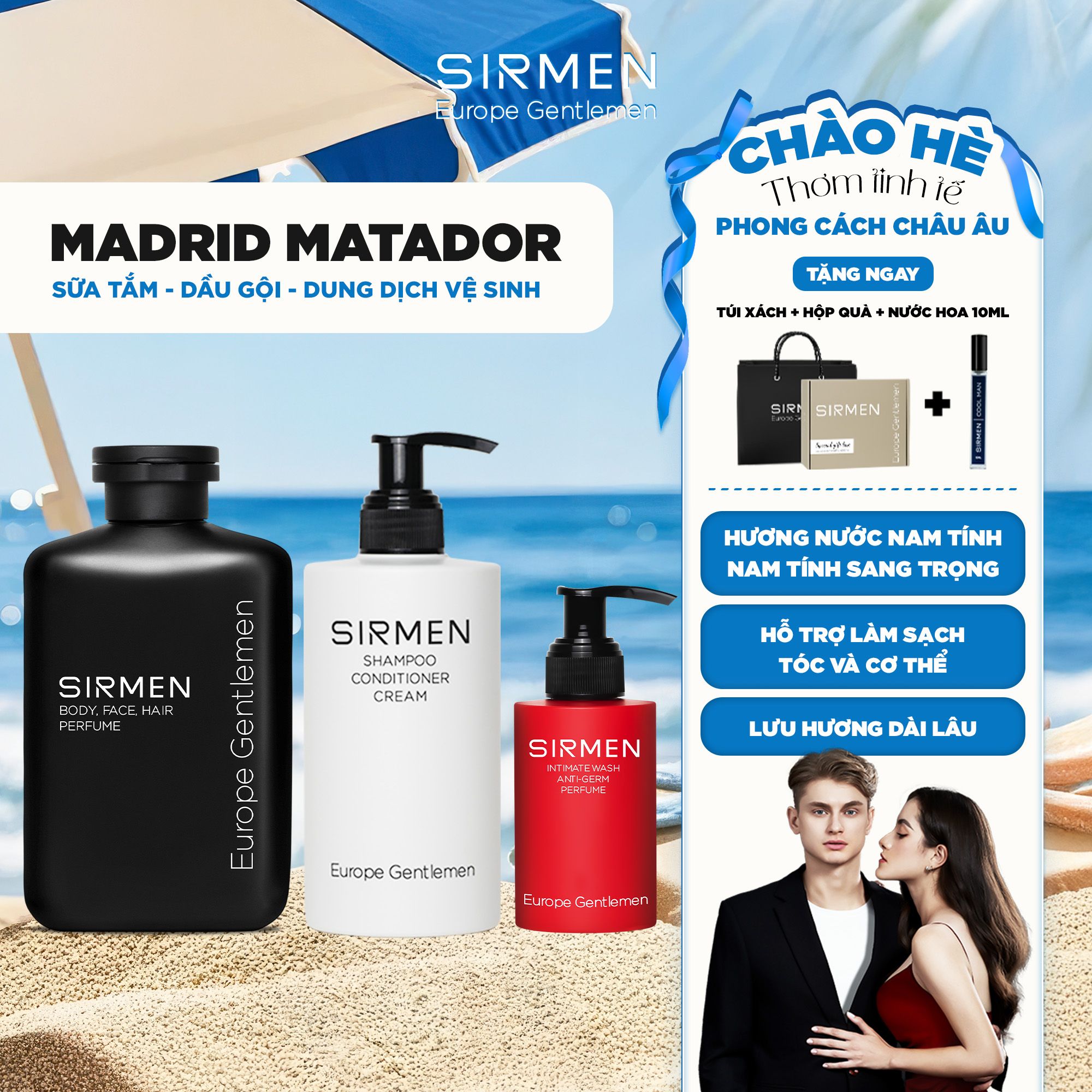 Bộ quà tặng cho nam MADRID MATADOR Sữa tắm gội nam 4in1 350g Dầu gội nam 320g và Dung dịch vệ sinh 3in1 100g SIRMEN nguyên liệu tự nhiên Europe Gentlemen