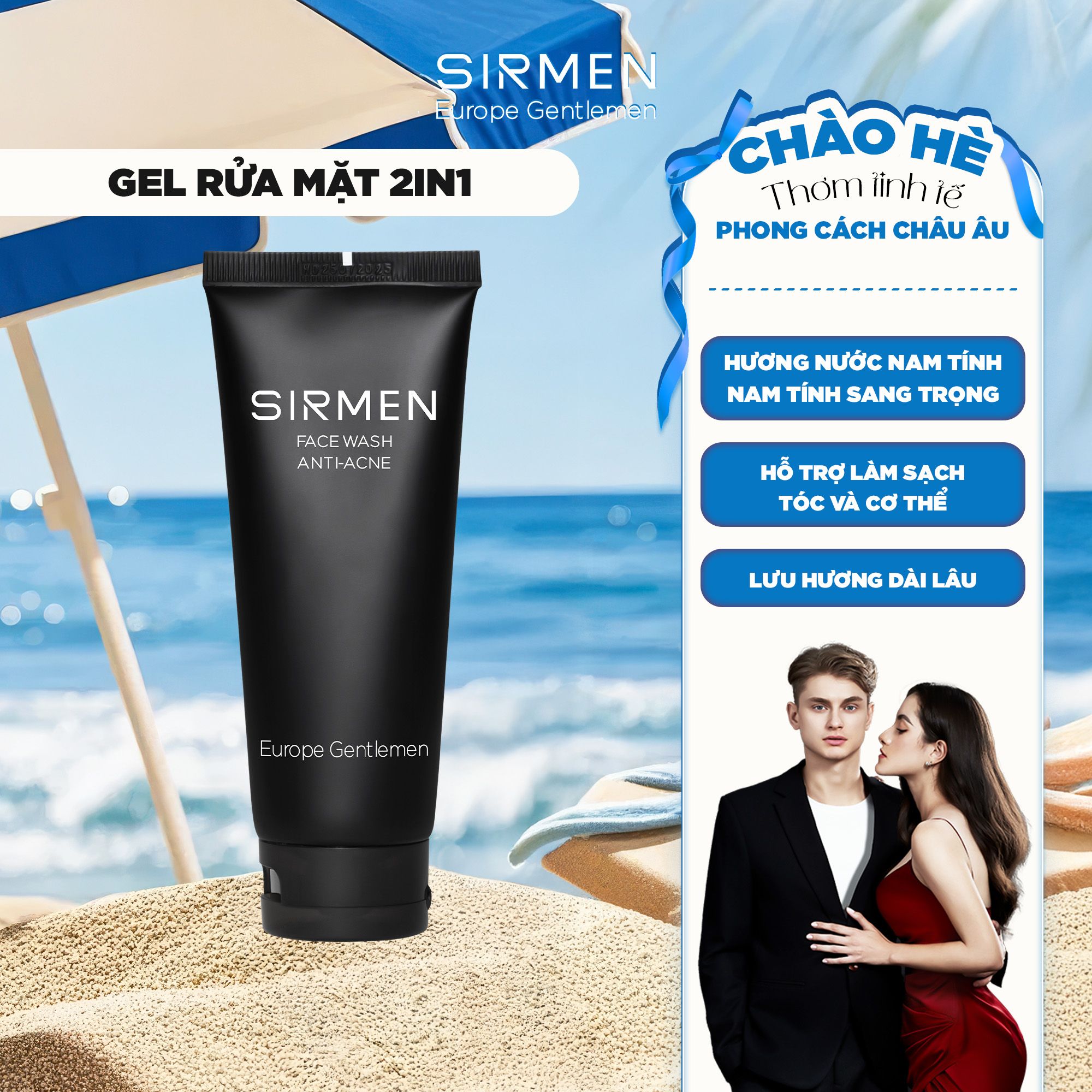 Sữa rửa mặt nam 2 in 1 nguyên liệu tự nhiên SIRMEN Europe Gentlemen cao cấp 100g chiết xuất tự nhiên công nghệ tiên tiến