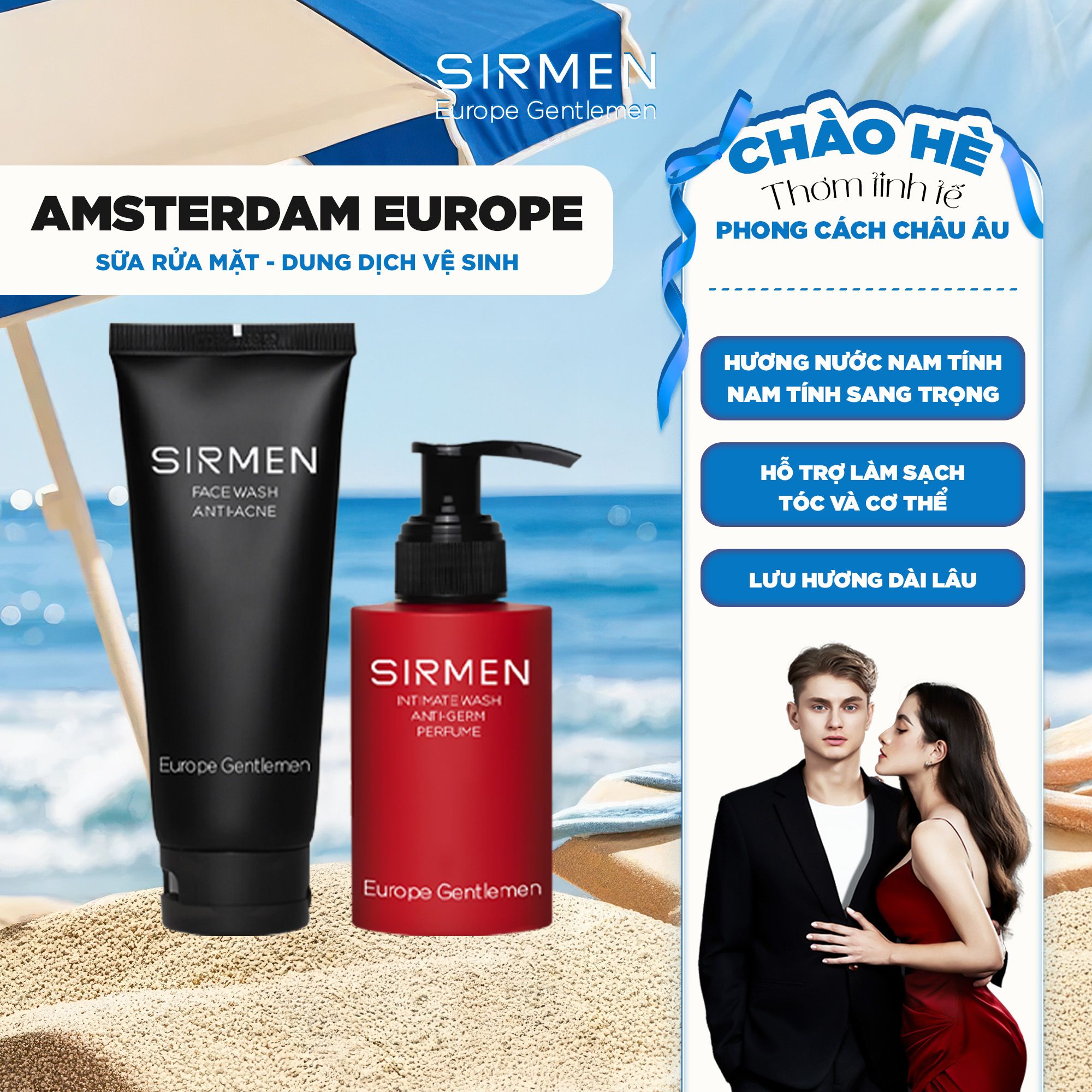 Bộ quà tặng cho nam AMSTERDAM EUROPE gồm Dung dịch vệ sinh nam & Sữa rửa mặt hương nước hoa SIRMEN Europe Gentlemen cao cấp