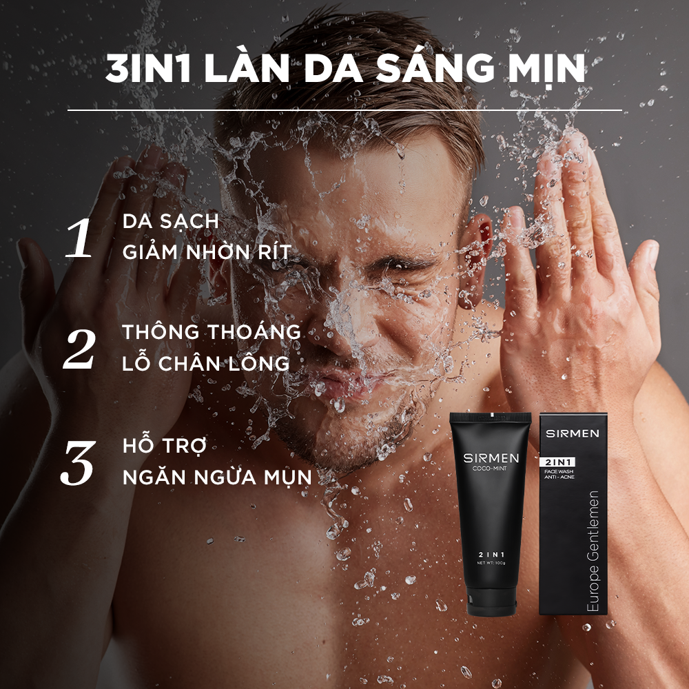 Sữa rửa mặt nam 2 in 1 nguyên liệu tự nhiên SIRMEN Europe Gentlemen cao cấp 100g chiết xuất tự nhiên công nghệ tiên tiến