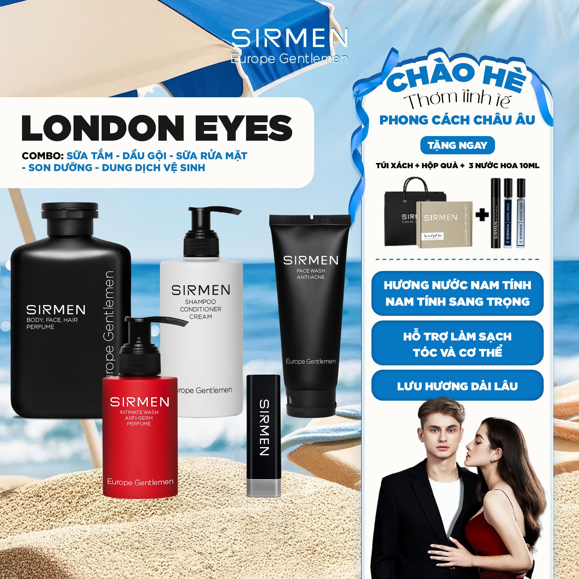 Bộ quà tặng cho nam LONDON EYES Sữa tắm nam - Dầu gội nam - Dung dịch vệ sinh nam - Sữa rửa mặt nam và Son dưỡng nam SIRMEN nguyên liệu tự nhiên Europe Gentlemen