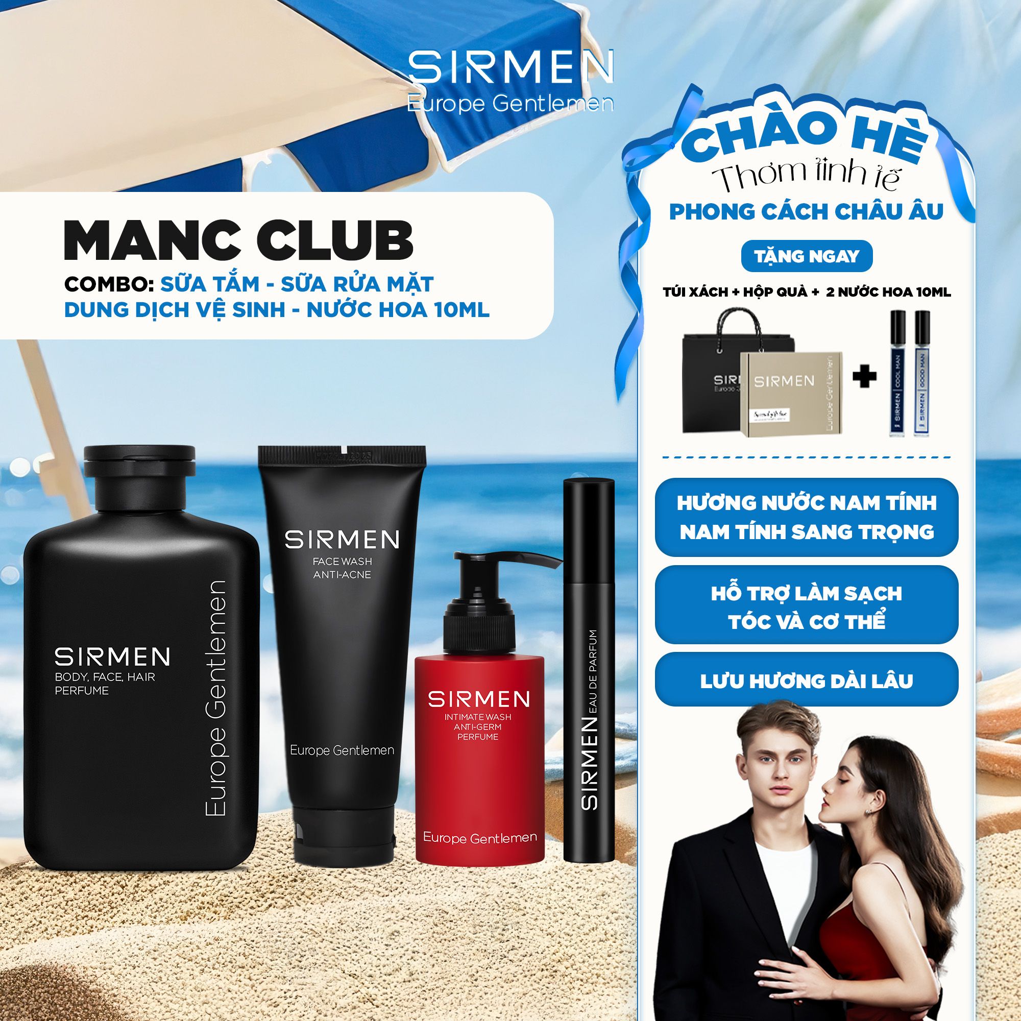 Bộ quà tặng cho nam MANC CLUB gồm Sữa tắm gội nam - Sữa rửa mặt nam - Dung dịch vệ sinh nam và Nước hoa nam 10ml hương nước hoa SIRMEN Europe Gentlemen
