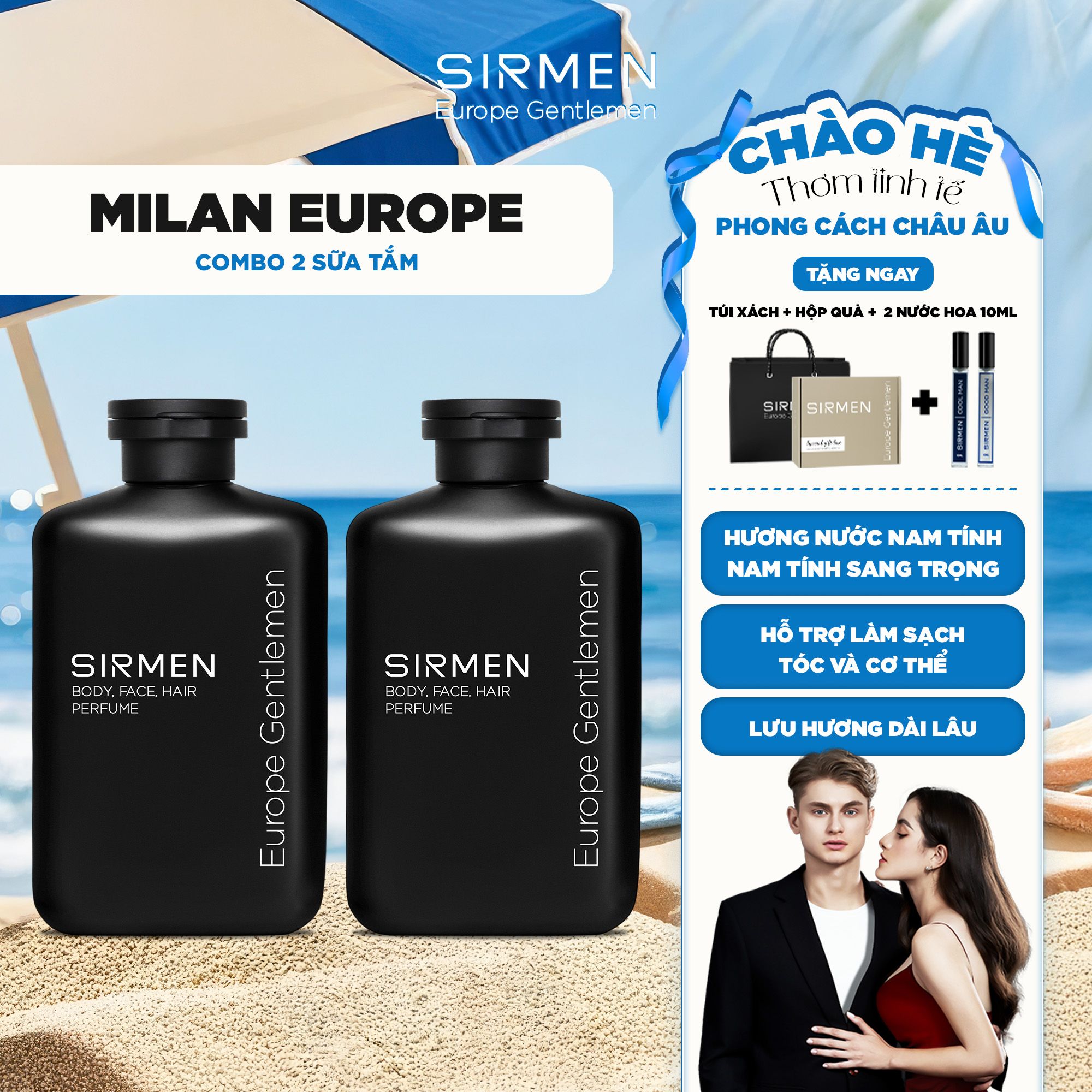 Bộ quà tặng cho nam MILAN EUROPE gồm 02 CHAI Sữa tắm gội nam 4 in 1 hương nước hoa SIRMEN Europe Gentlemen cao cấp 350g