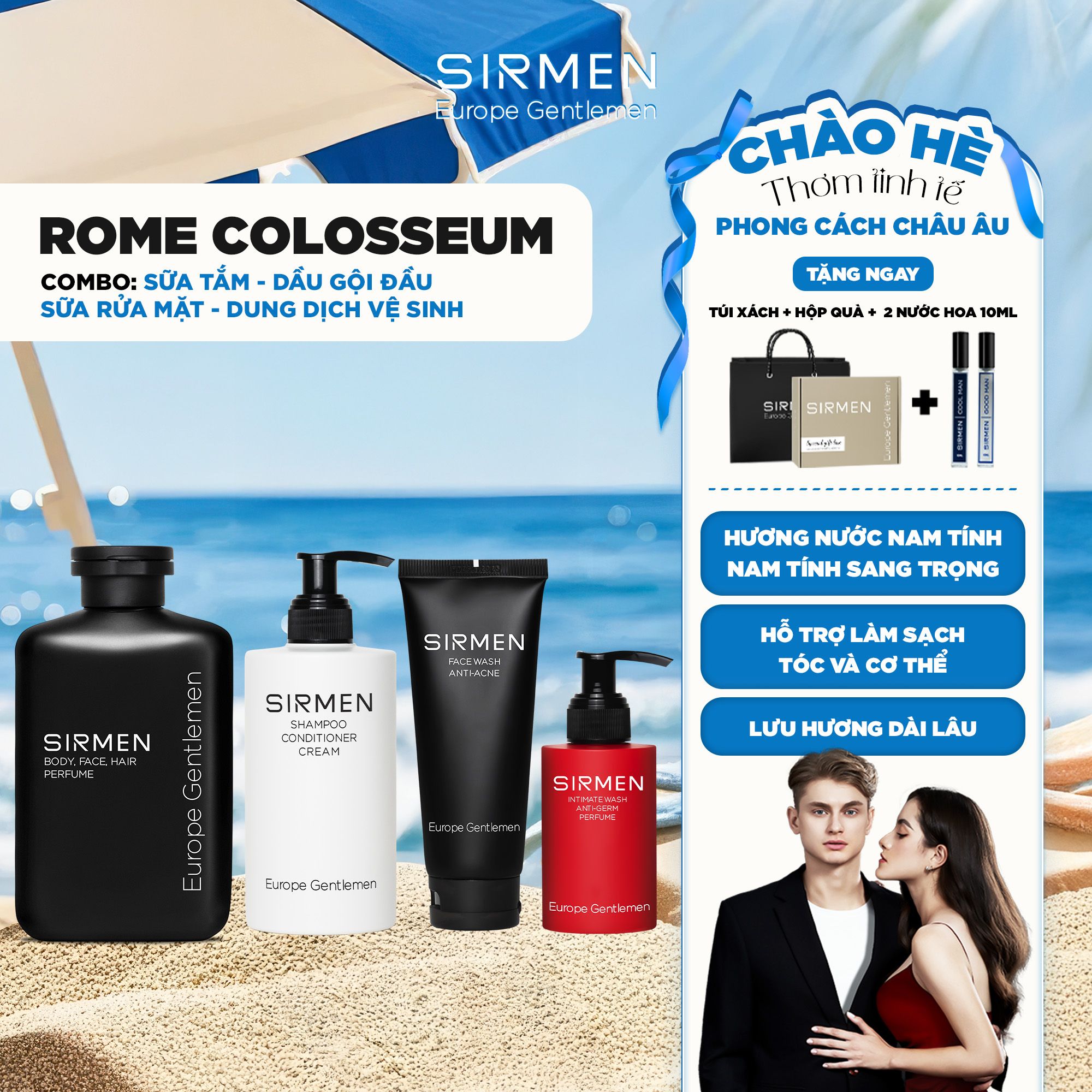Bộ quà tặng cho nam ROME COLOSSEUM Sữa tắm gội nam - Dầu gội nam - Dung dịch vệ sinh và Sữa rửa mặt nam SIRMEN nguyên liệu tự nhiên Europe Gentlemen