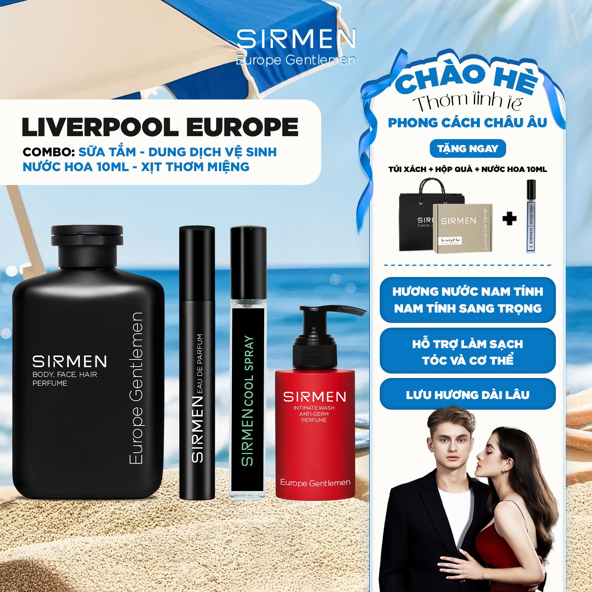 Bộ quà tặng cho nam LIVERPOOL EUROPE gồm Sữa tắm gội nam - Nước hoa nam - Xịt thơm miệng - Dung dịch vệ sinh nam hương nước hoa SIRMEN Europe Gentlemen
