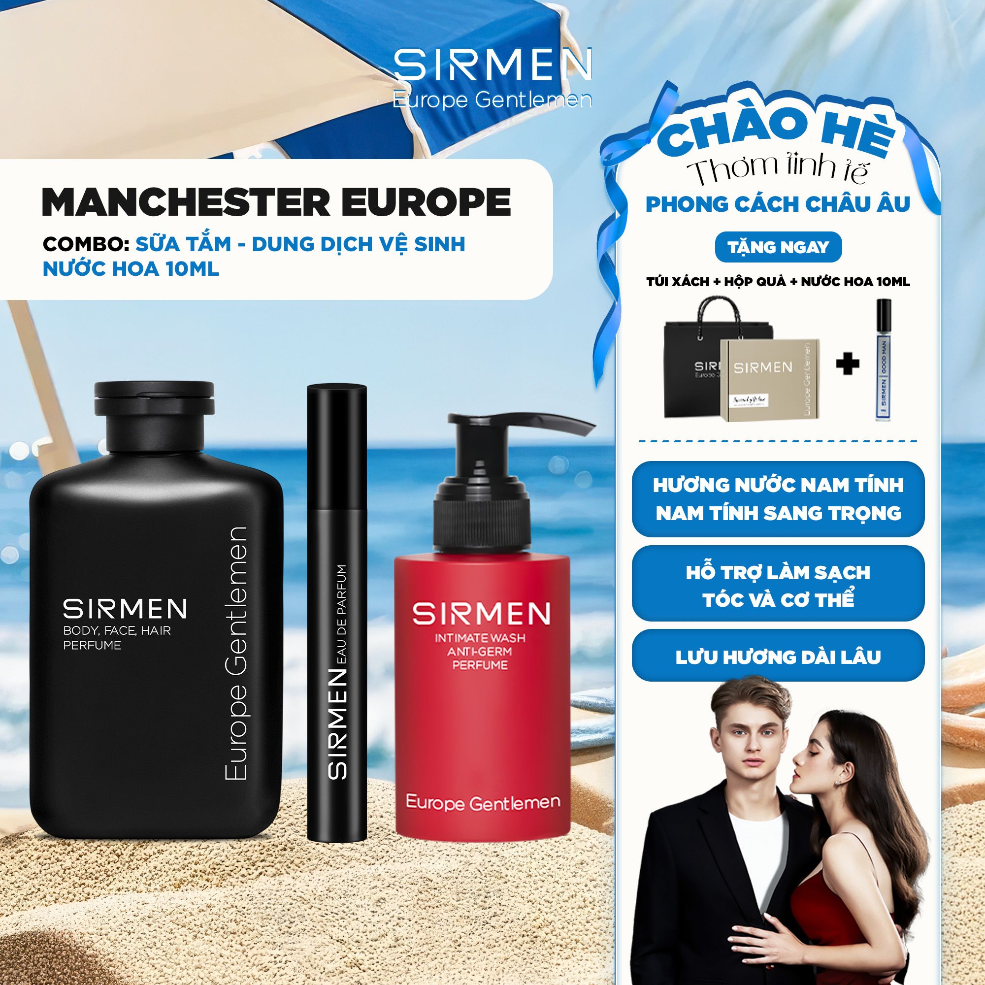 Bộ quà tặng cho nam MANCHESTER EUROPE Gồm Sữa tắm 350g, Nước hoa nam 10ml và Dung dịch vệ sinh nam 100g hương nước hoa