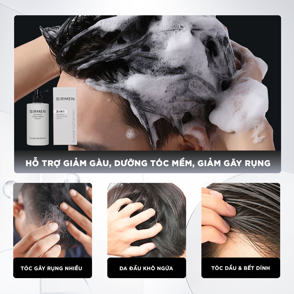 Dầu gội xả dưỡng nam 3 in 1 hương nước hoa SIRMEN Europe Gentlemen giúp sạch da đầu, tóc chắc khoẻ công nghệ tiên tiến 320g