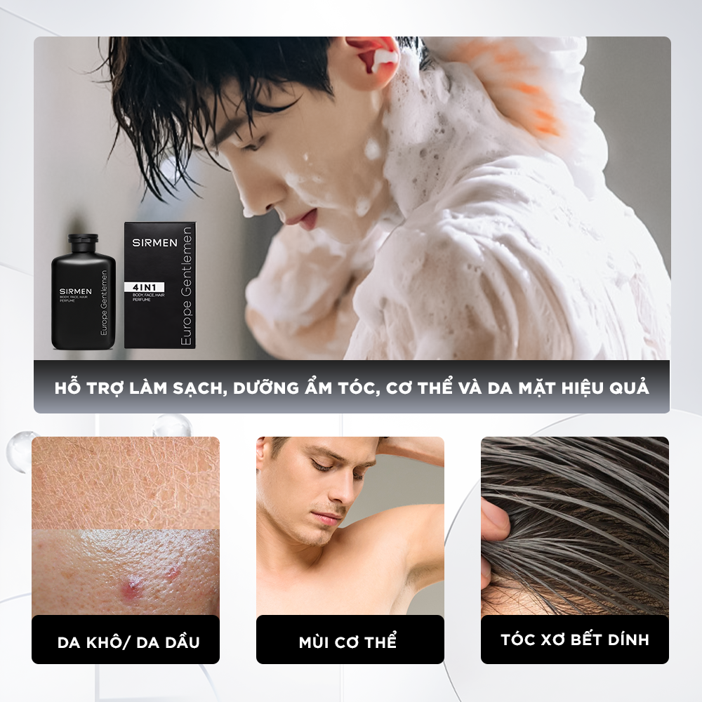 Sữa tắm gội nam 4 in 1 hương nước hoa châu Âu SIRMEN Europe Gentlemen cao cấp 350g công nghệ tiên tiến đậm đặc gấp 2 lần
