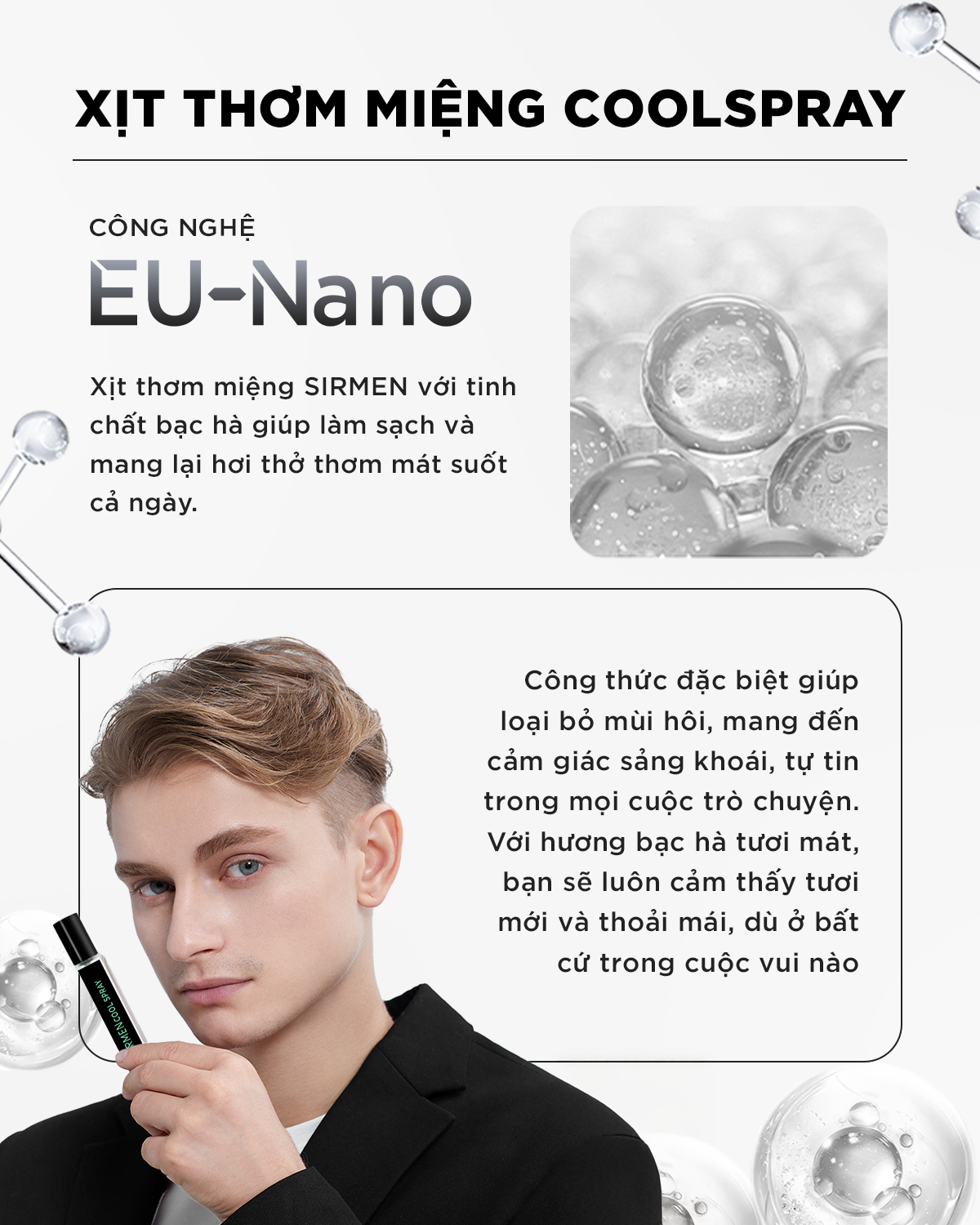 Combo BARCELONA EUROPE gồm Xịt thơm miệng Mint Cool Spray bạc hà & 01 chai Nước hoa nam SIRMEN 10ml Eau de Parfum Europe