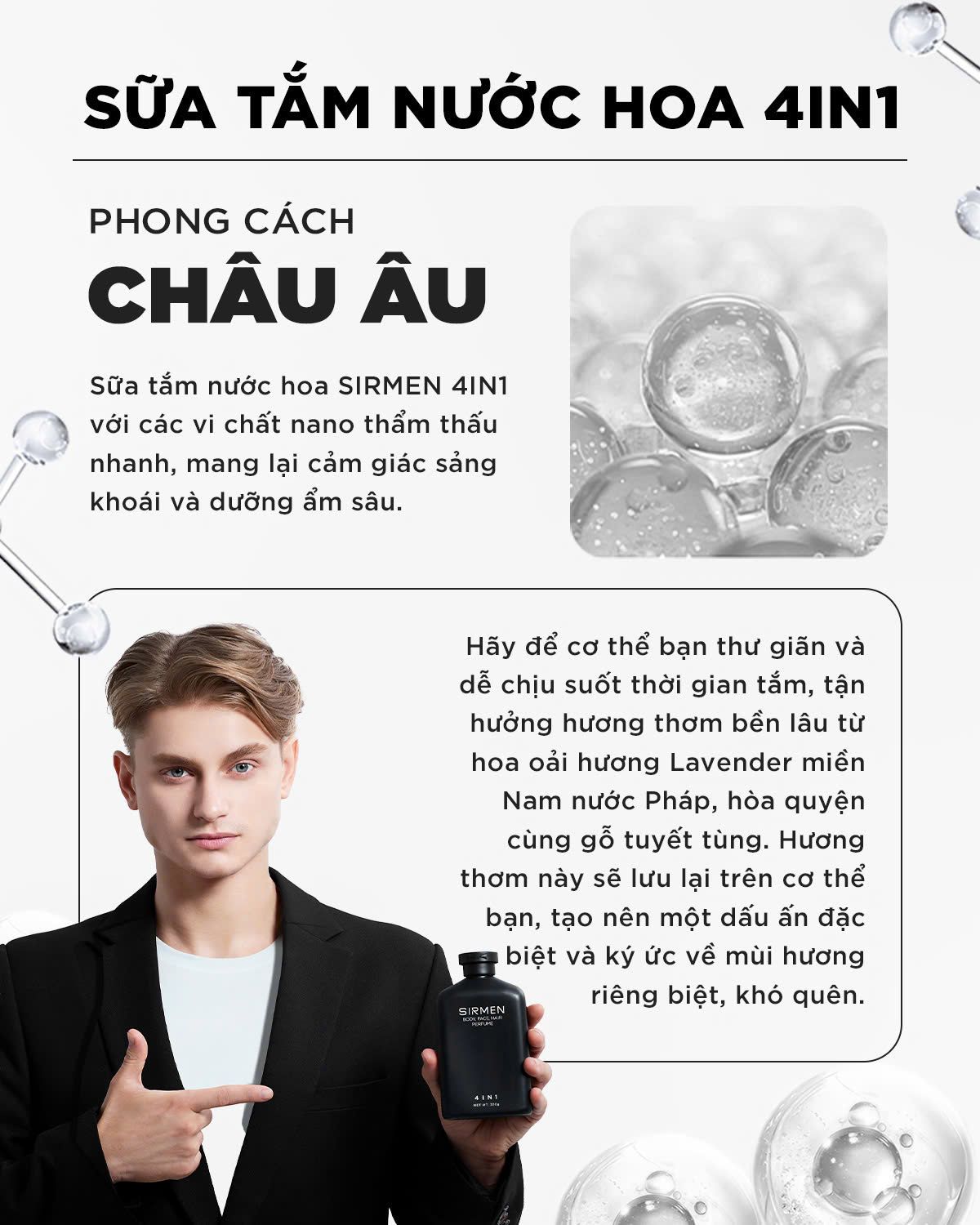 Sữa tắm gội nam 4 in 1 hương nước hoa châu Âu SIRMEN Europe Gentlemen cao cấp 350g công nghệ tiên tiến đậm đặc gấp 2 lần
