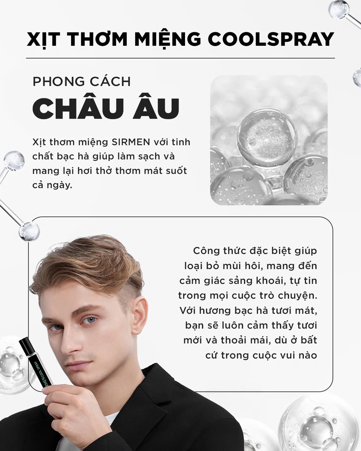 Xịt thơm miệng SIRMEN Europe Mint Cool Spray vị bạc hà thơm mát tự nhiên, công nghệ tiên tiến kéo dài 180 phút chai 10ml