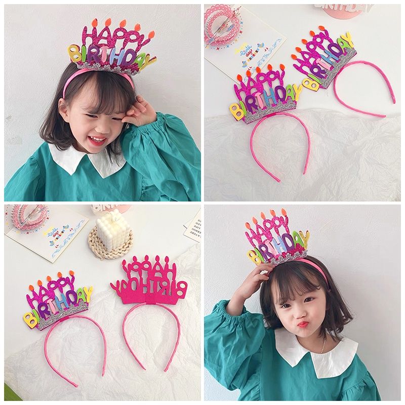 Cài tóc sinh nhật chữ Happy Birthday kim tuyến (hồng nến)