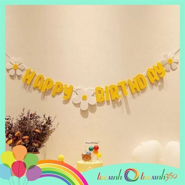 Dây chữ happy birthday hoa cúc vải nỉ - vàng