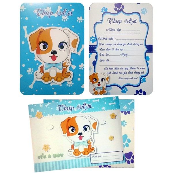 Combo 10 thiệp mời thôi nôi sinh nhật cún - Xanh