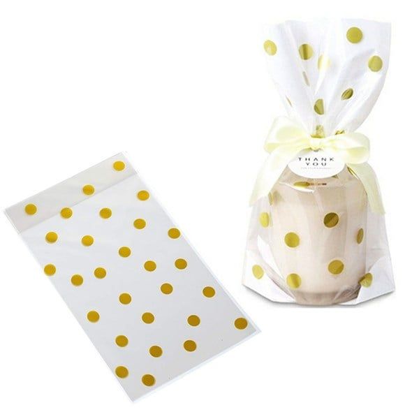 10 túi đựng quà, bánh kẹo màu vàng nhũ 15 x 25 cm - Chấm bi