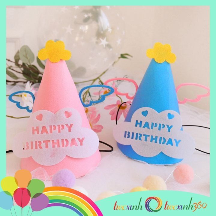 Nón sinh nhật Happy Birthday cánh mây bằng vải nỉ