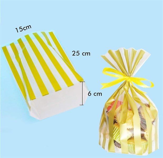 10 túi đựng quà, bánh kẹo màu vàng nhũ 15 x 25 cm - Sọc