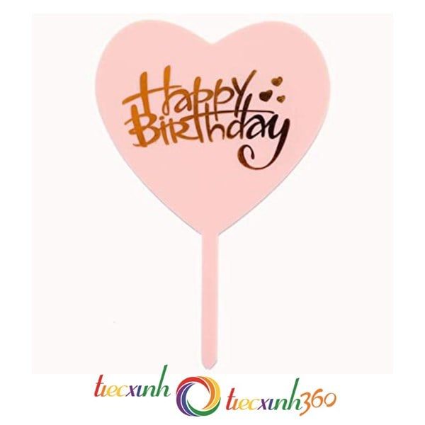 Que cắm bánh hình trái tim Happy Birthday - Hồng