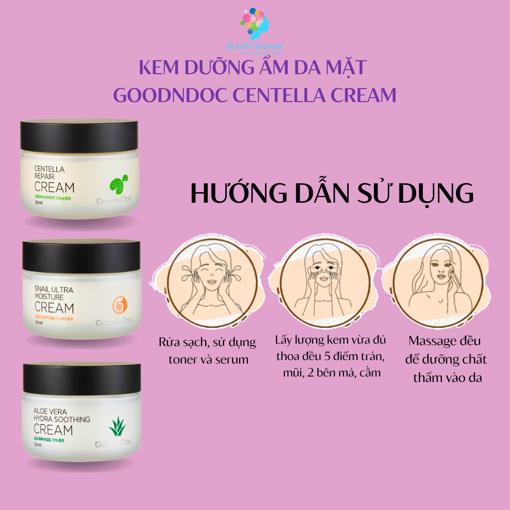 Kem dưỡng ẩm da mặt GoodnDoc Centella Cream Rau má - Ốc sên - Lô hội Chính hãng Hàn Quốc 120g