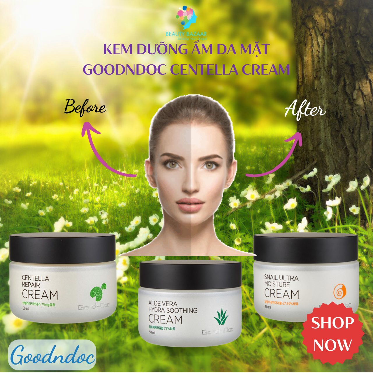 Kem dưỡng ẩm da mặt GoodnDoc Centella Cream Rau má - Ốc sên - Lô hội Chính hãng Hàn Quốc 120g