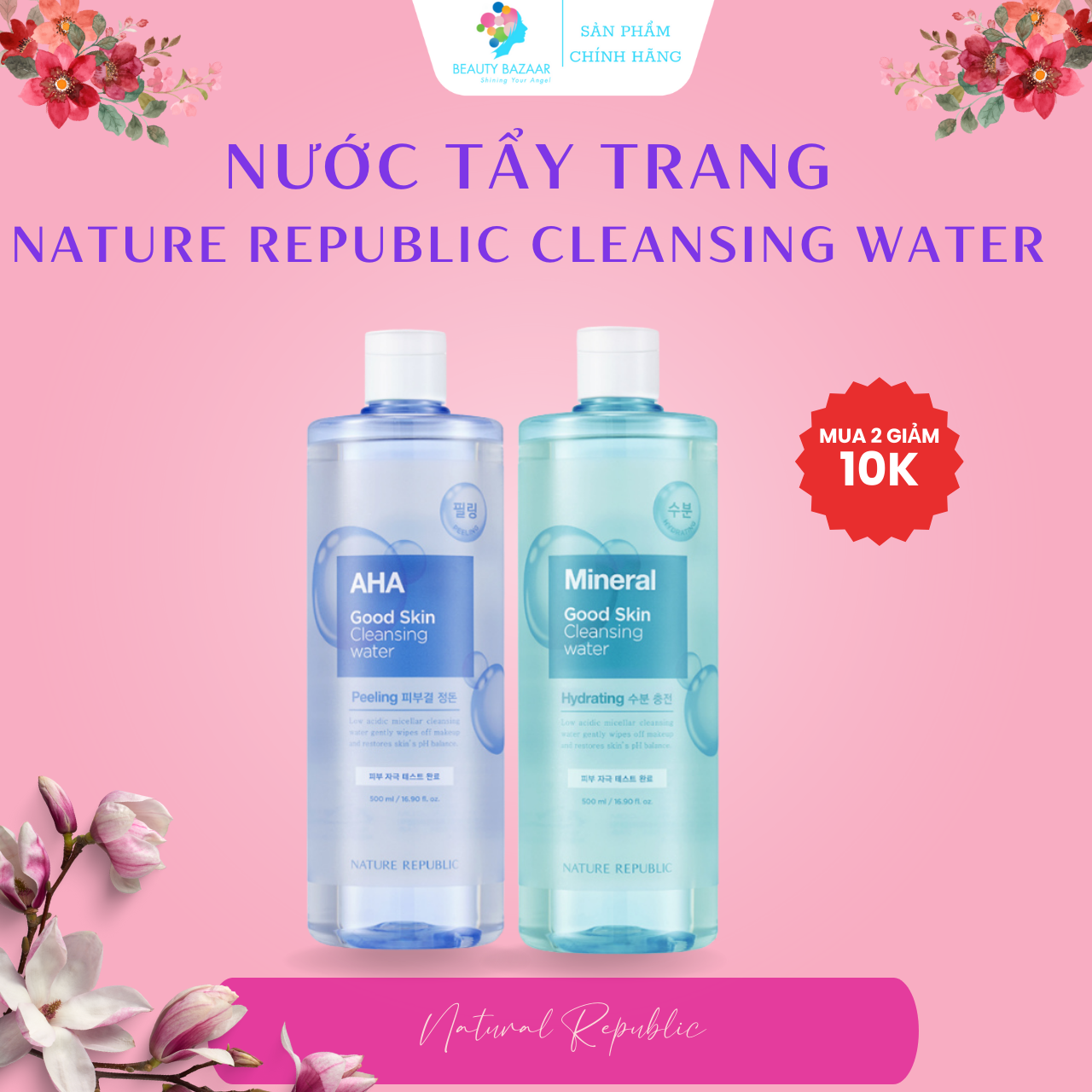 Nước tẩy trang Nature Republic Cleansing Water tẩy trang mắt môi mặt cho da dầu mụn da nhạy cảm da khô 500m