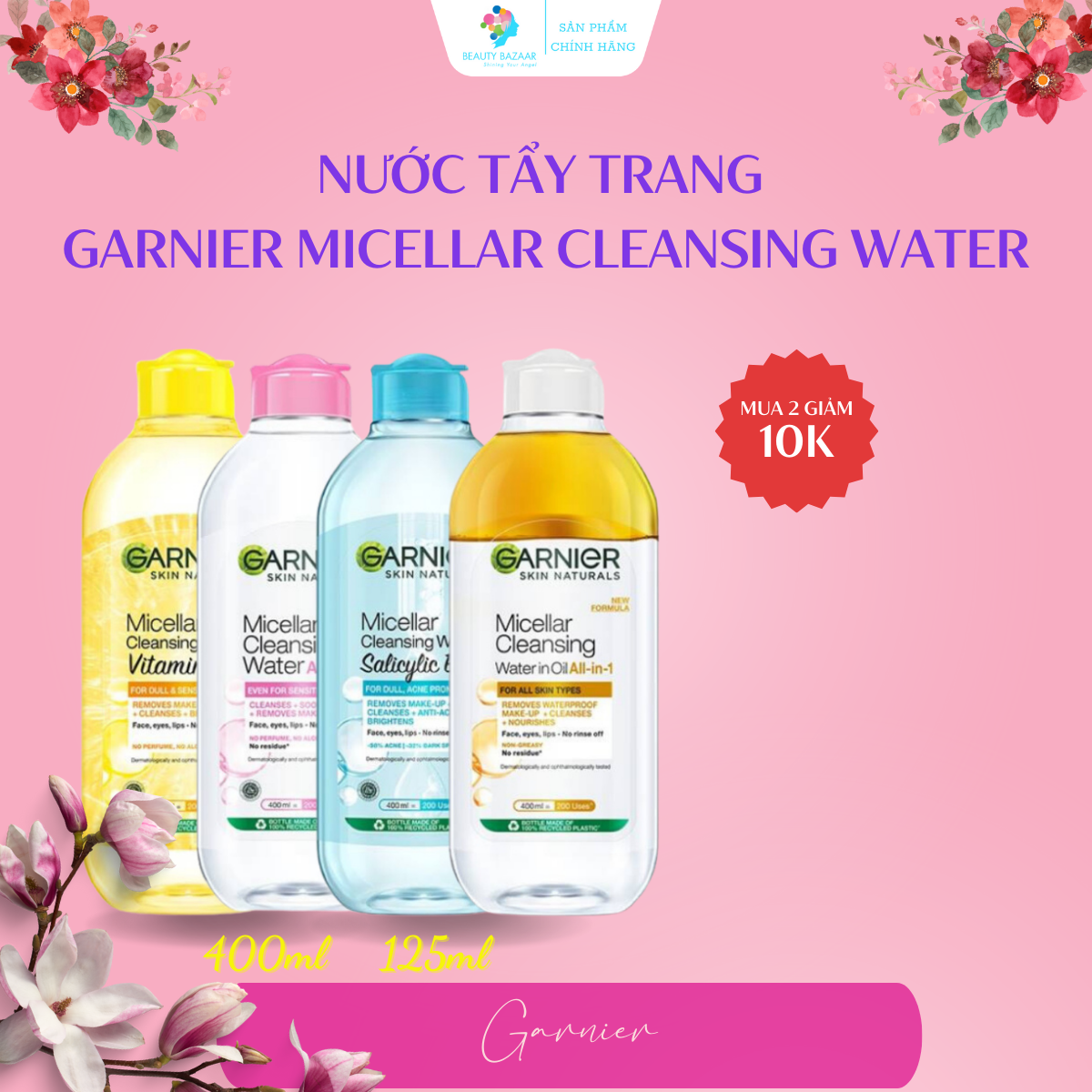 Nước tẩy trang Garnier Micellar Cleansing Water tẩy trang da mặt dịu nhẹ sạch sâu - Garnier vàng, xanh và hồng