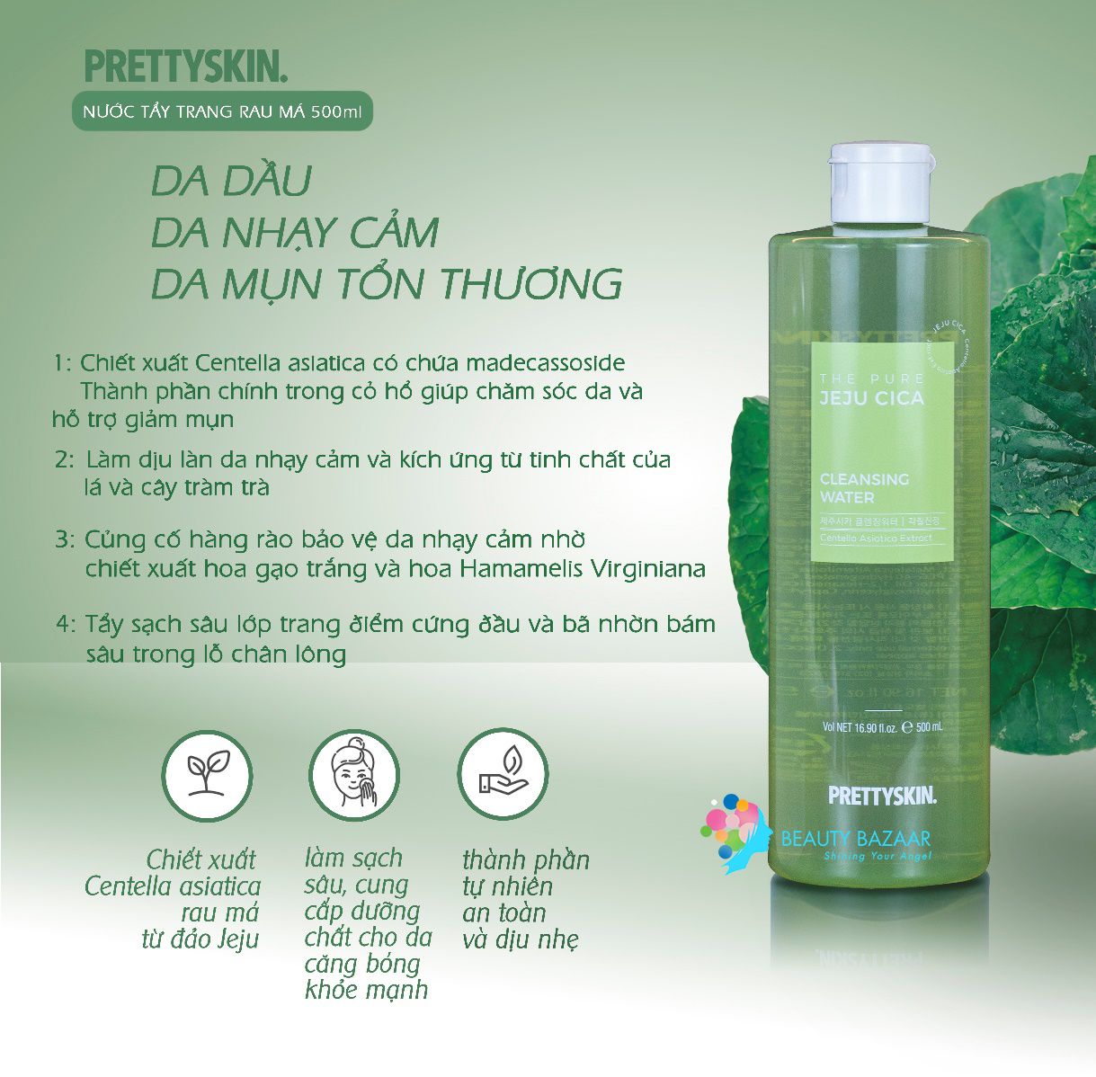 Tẩy Trang Rau Má Dịu Nhẹ PrettySkin The Pure Jeju Cica Cleansing Water 500ml