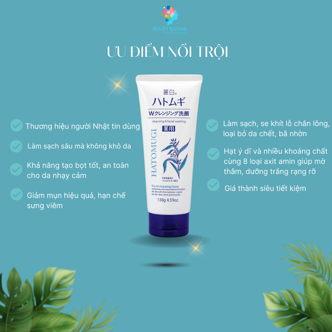 Sữa Rửa Mặt Trị Mụn Chiết Xuất Ý Dĩ Nhật Bản Hatomugi Acne Care & Facial Washing 130g
