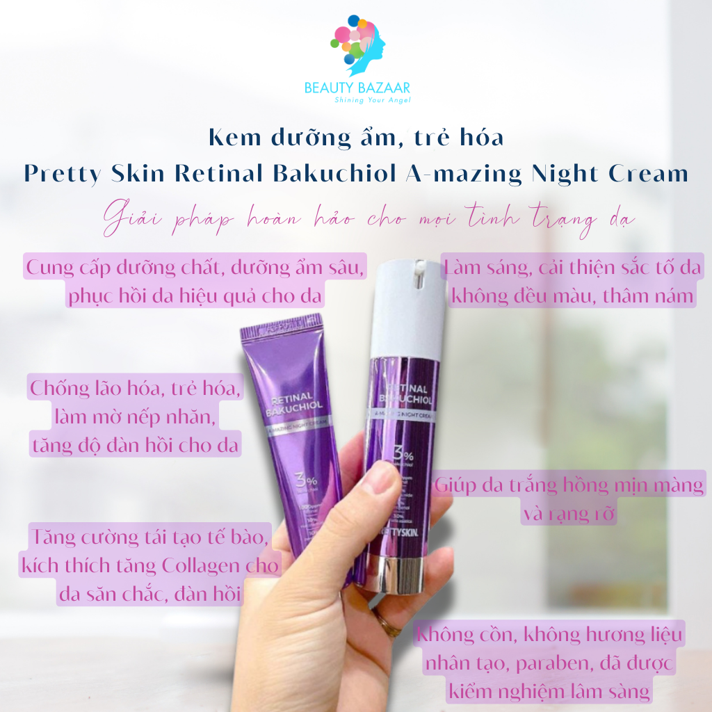 Kem dưỡng ẩm, phục hồi, trẻ hóa làn da Pretty Skin Retinal Bakuchiol Amazing Night Cream - Hàn Quốc 30ml